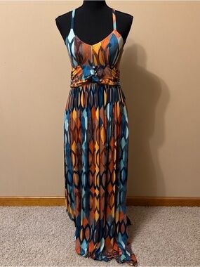 Mauve Sleeveless Maxi Dress with Blue, Orange & Brown Geometric Print
